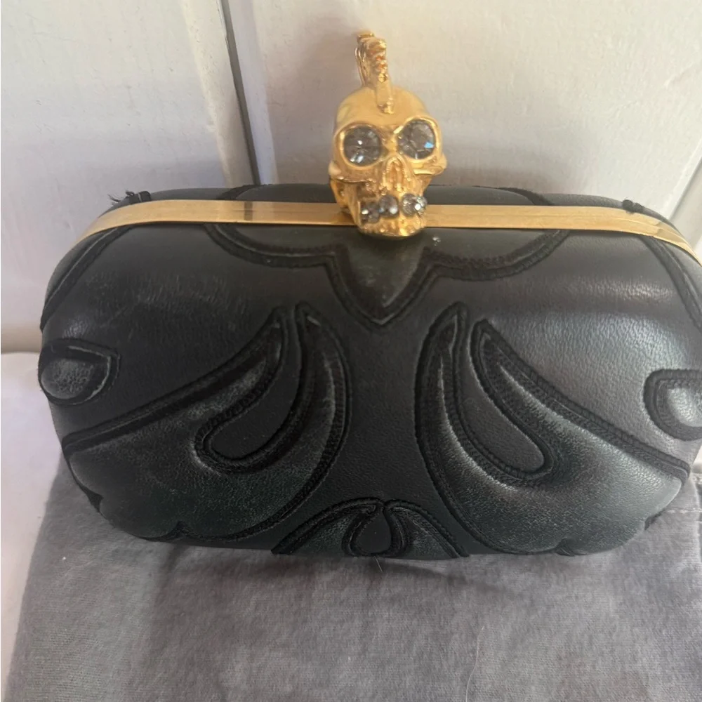 Alexander McQueen Black Leather Skull Box Clutch Bag.